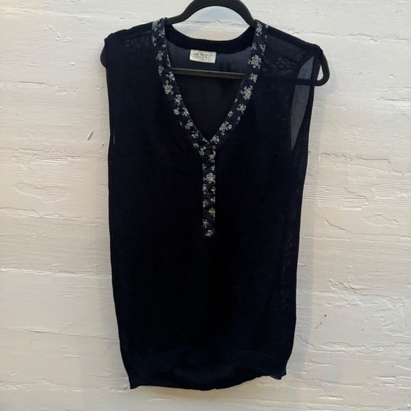 Istante Tops - Istante Versace Sleeveless Top Navy Sheer Mesh Floral Trim Vintage 90s Italy